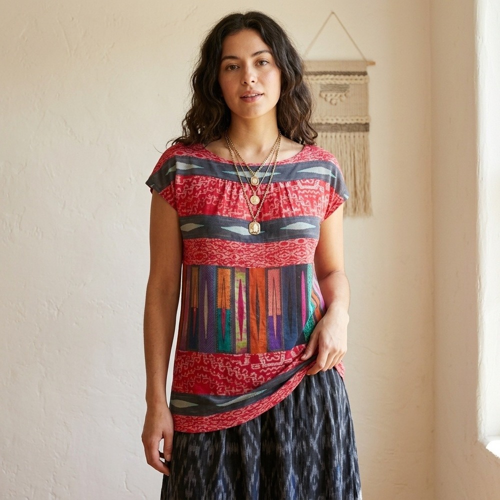 Etro Womens Top 44 Red Multicolor Geometric Abstract Print Cap Sleeve Boho Chic